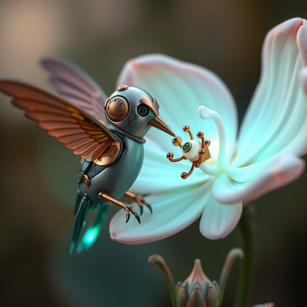 Steampunk Robotic Hummingbird and Bioluminescent Flower