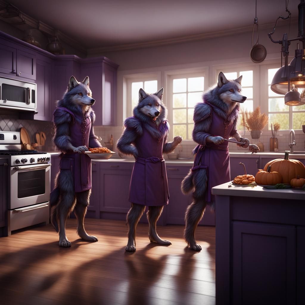 Wolves Cook Thanksgiving Dinner: Detailed Fantasy Art