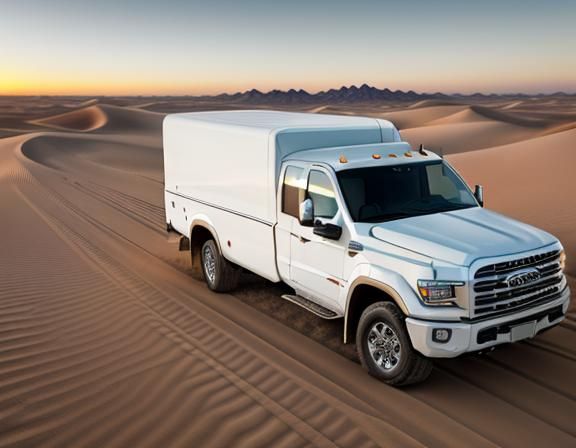 White Truck in Desert at Sunrise