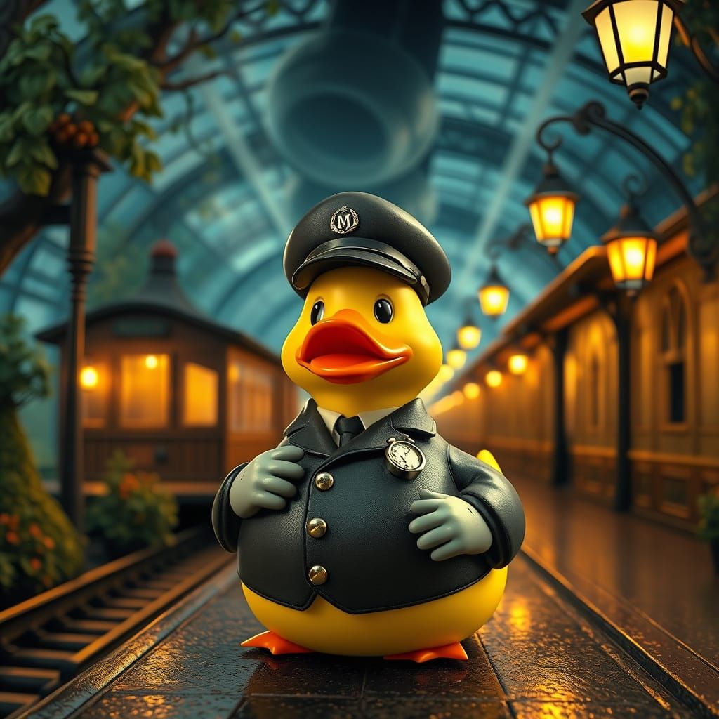Elegant Rubber Duck Conductor in Dreamlike Train Station