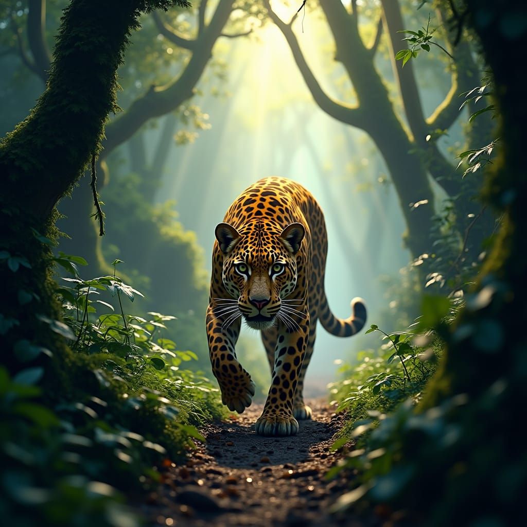 Leopard Prowling Through Jungle: Photorealistic Matte Painti...