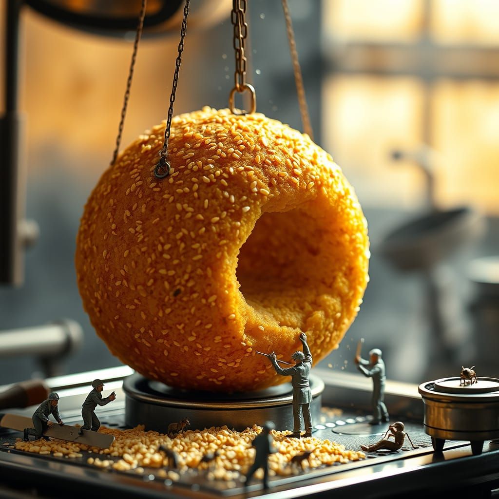 Hyperrealistic Falafel Tower in Miniature Kitchen