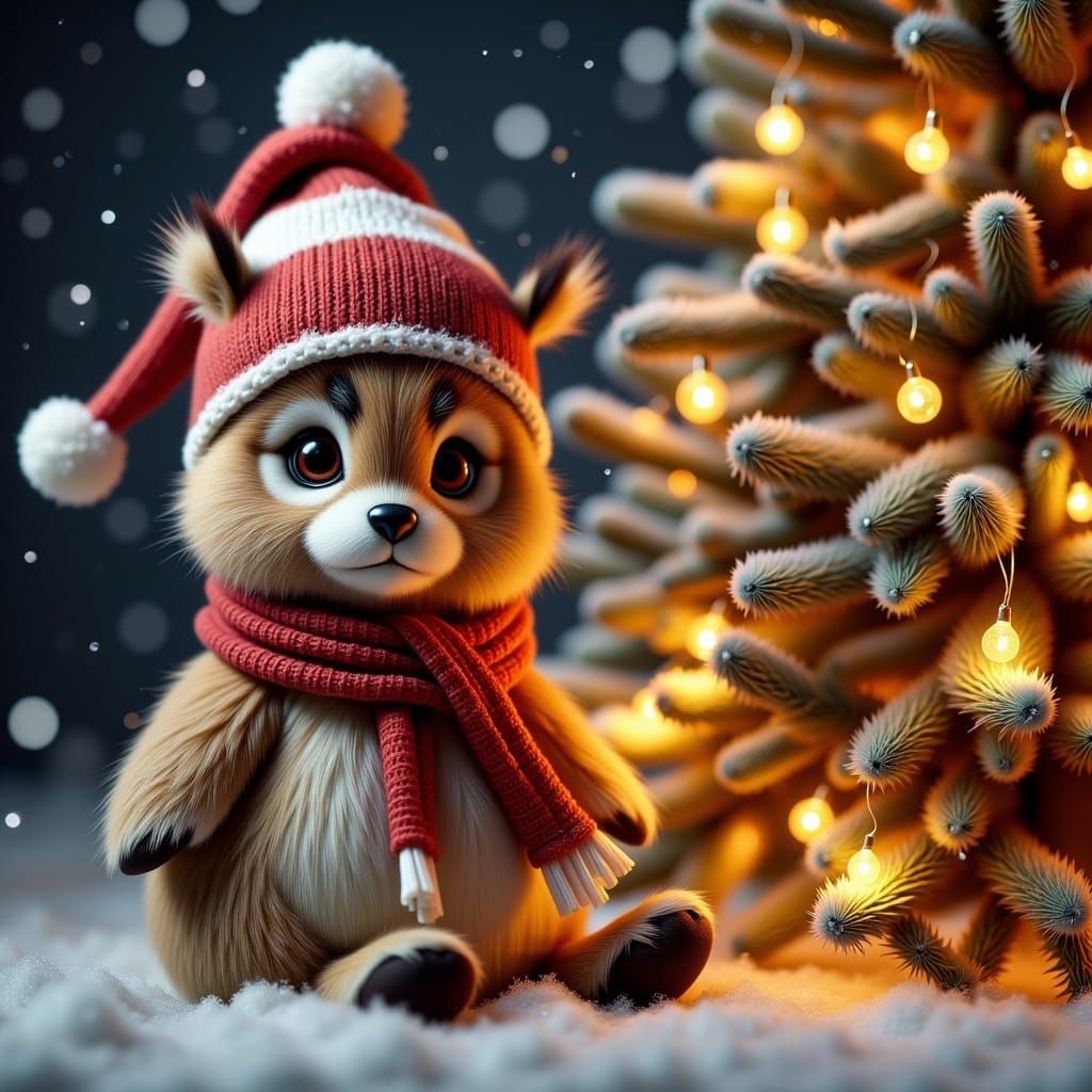 Festive Plush Owlbear Near Christmas Tree