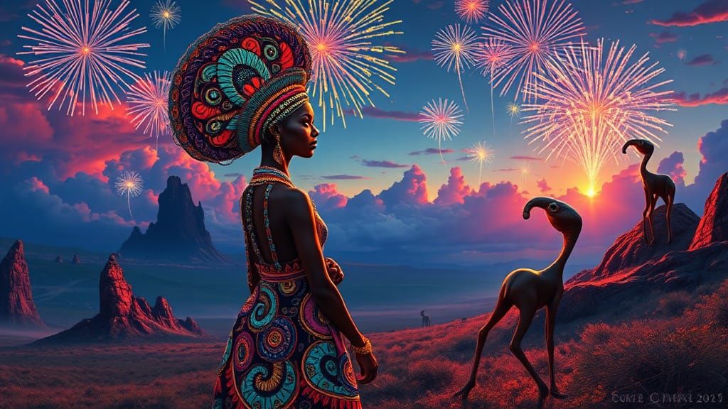 Surreal Savanna Celebration with African Woman and Aliens