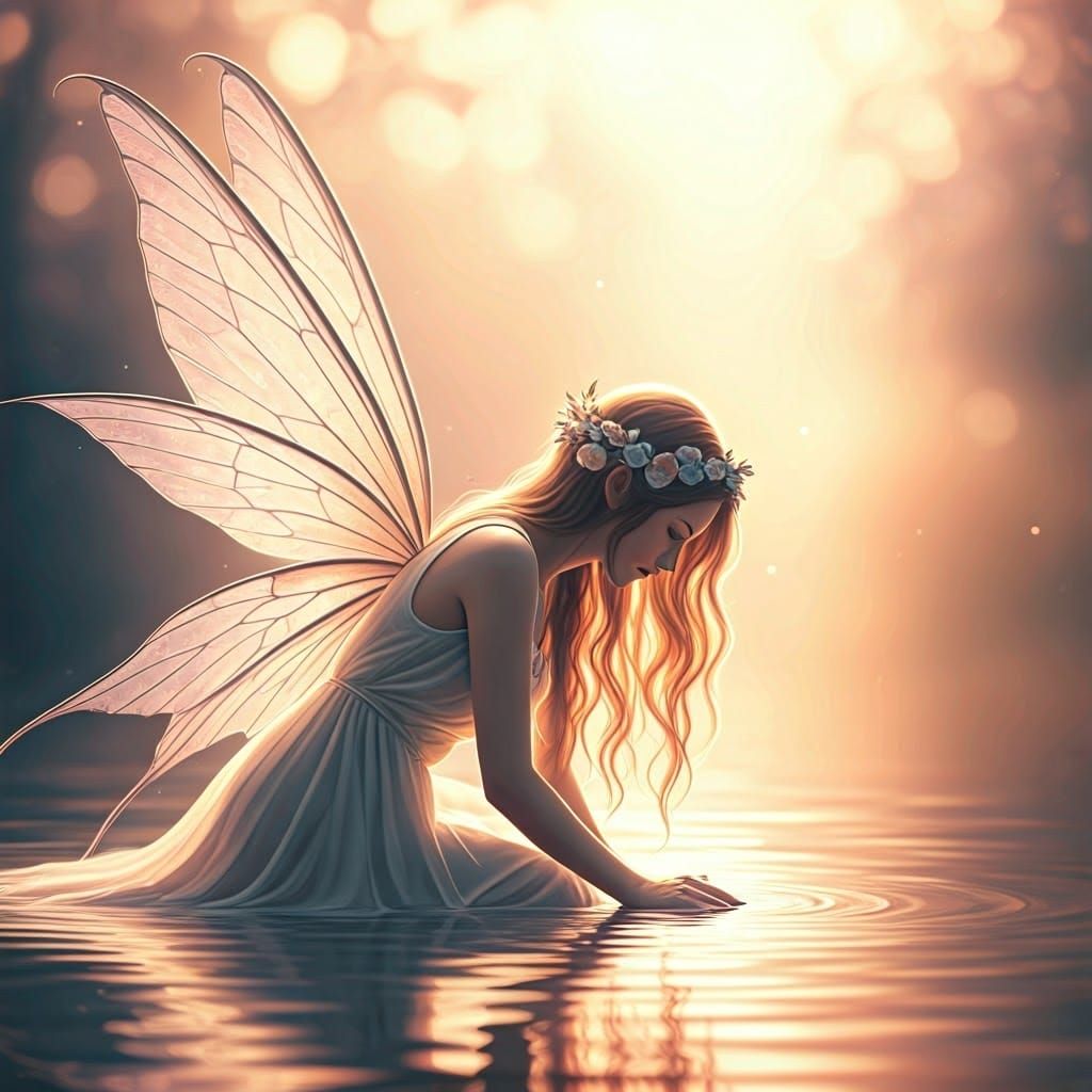 Ethereal Fairy Leaning Over Water in Impressionist Style