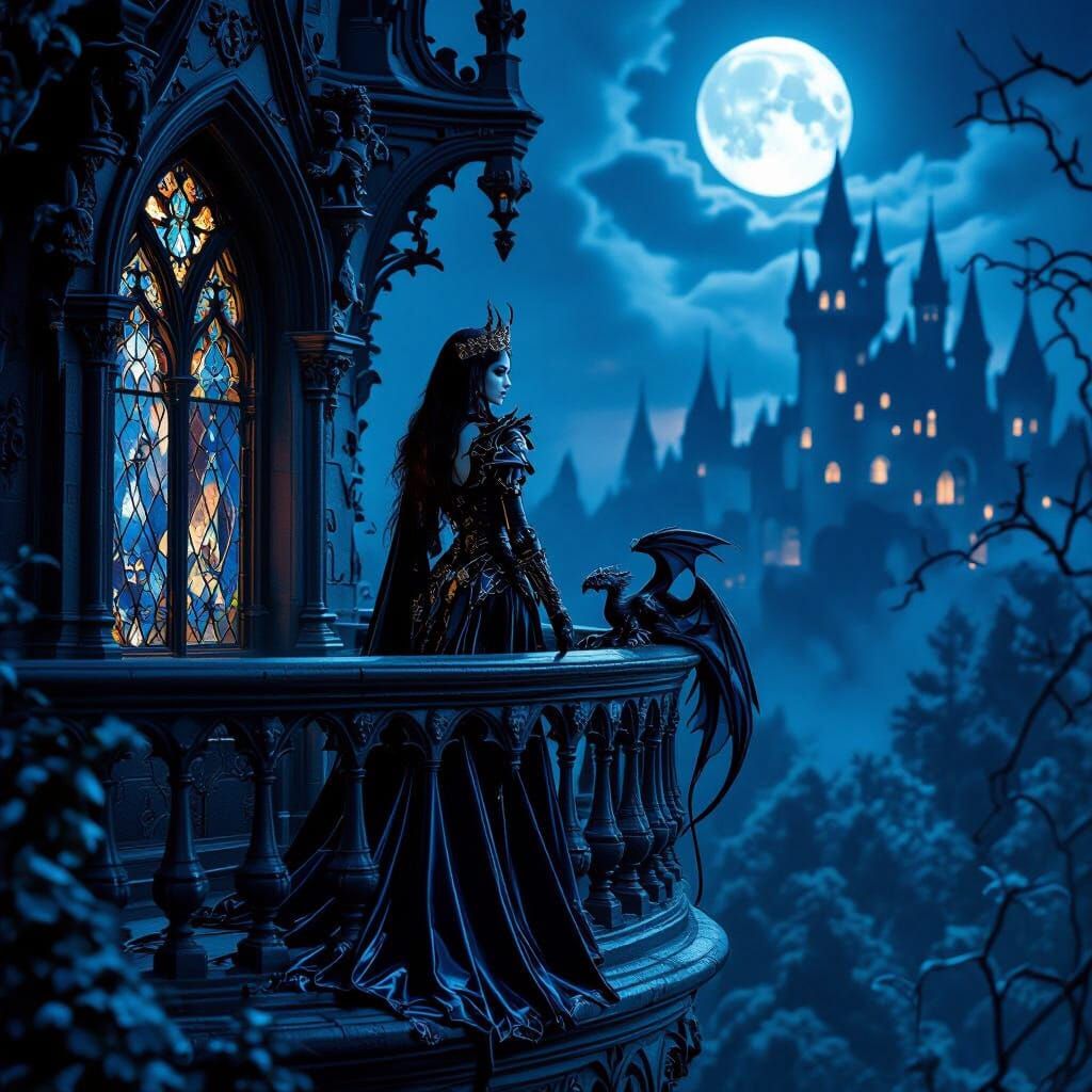 Gothic Latex Vampire Princess Overlooking Moonlit Forest