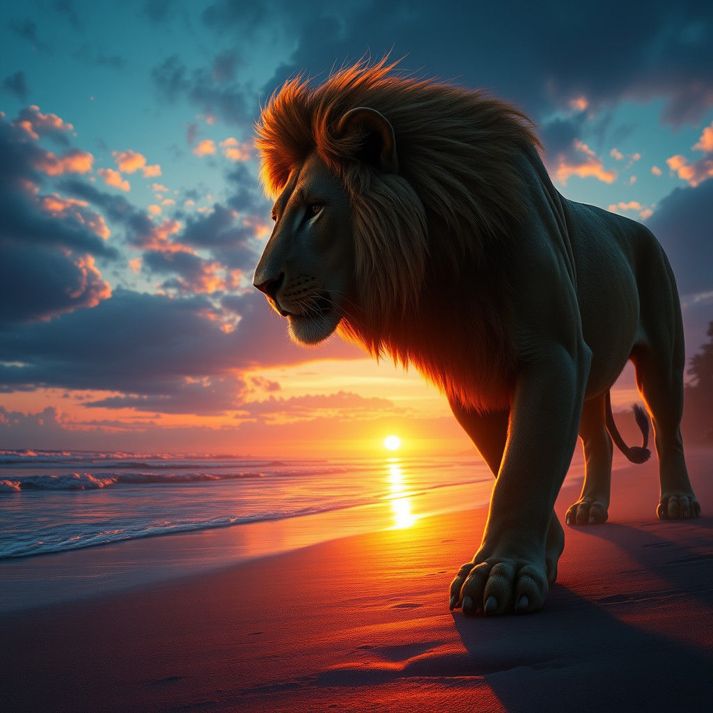 Lion on Beach at Sunrise: Detailed Matte Painting
