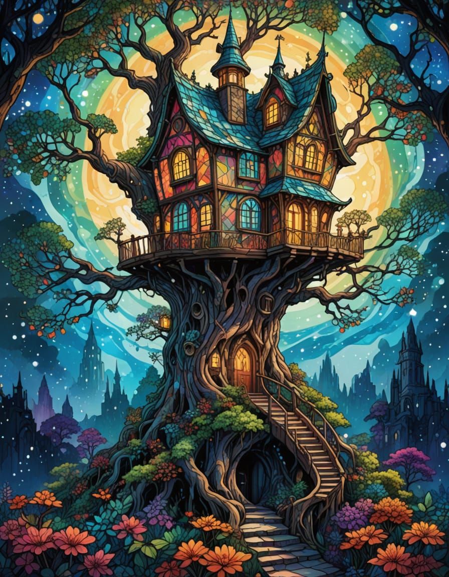 Surreal Fantasy Tree House Castle with Intricate Details and...