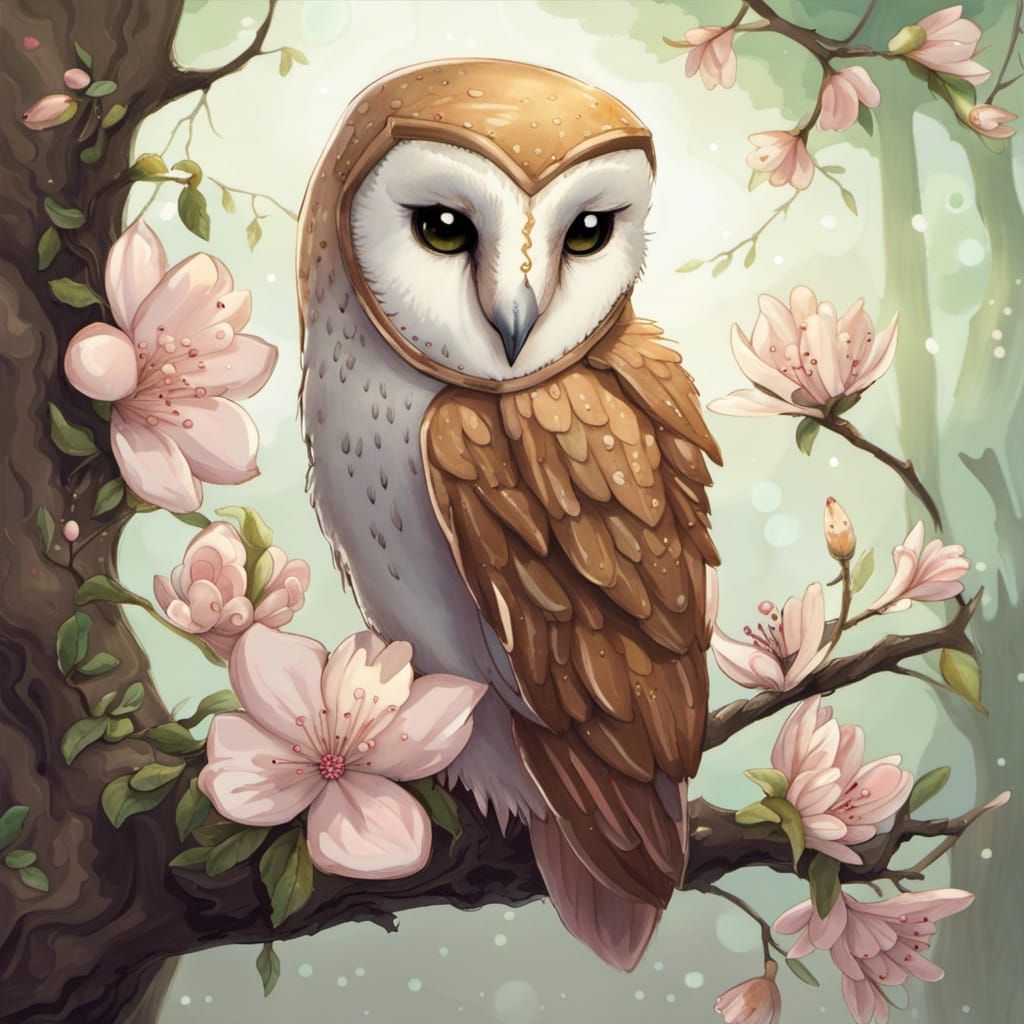 Anthro Owl Druid in Cherry Blossom Garden