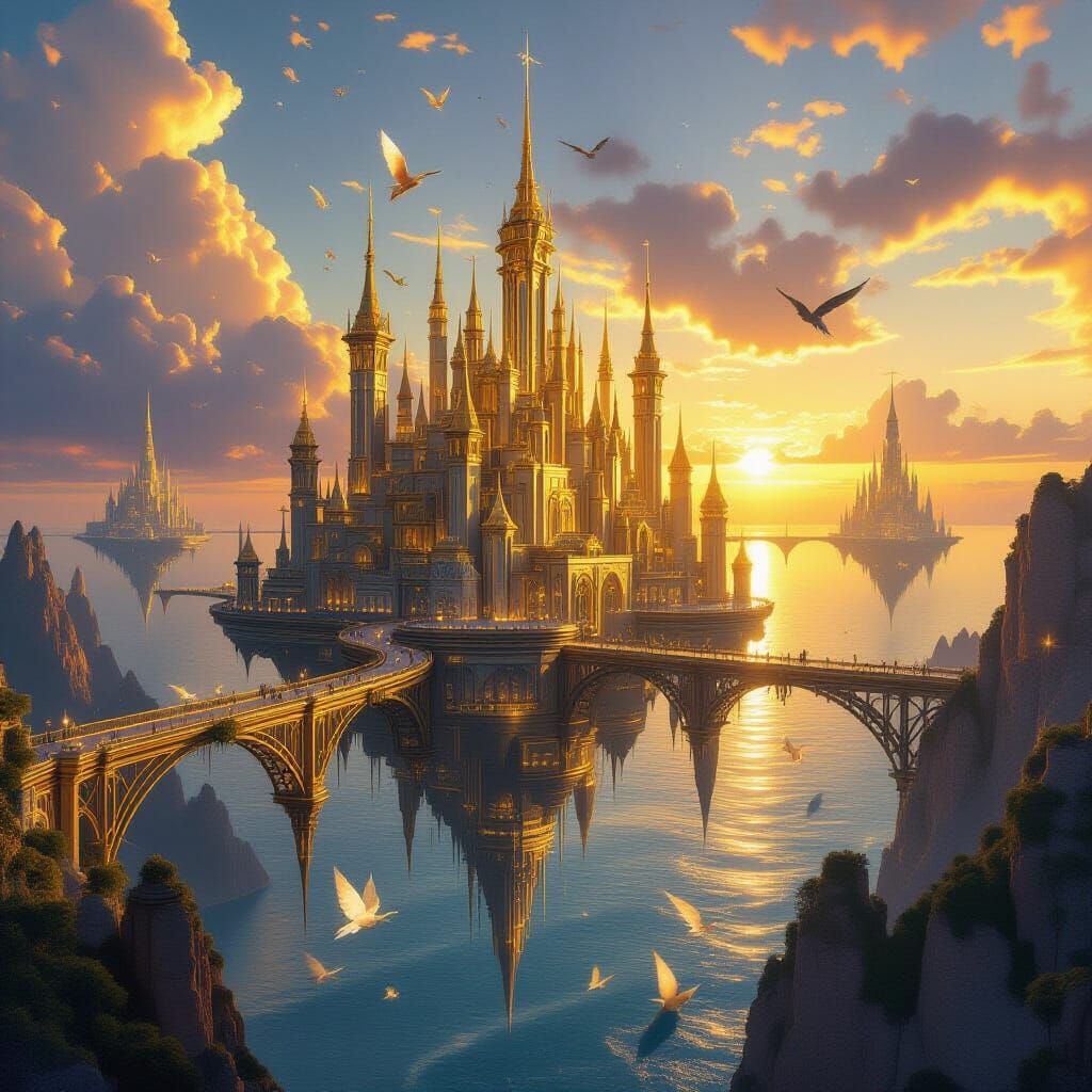 Magical Floating City Over Shimmering Oceans at Sunset