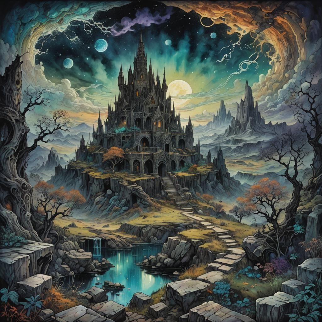 Grim Spirit World Ruins in Mixed Media Style