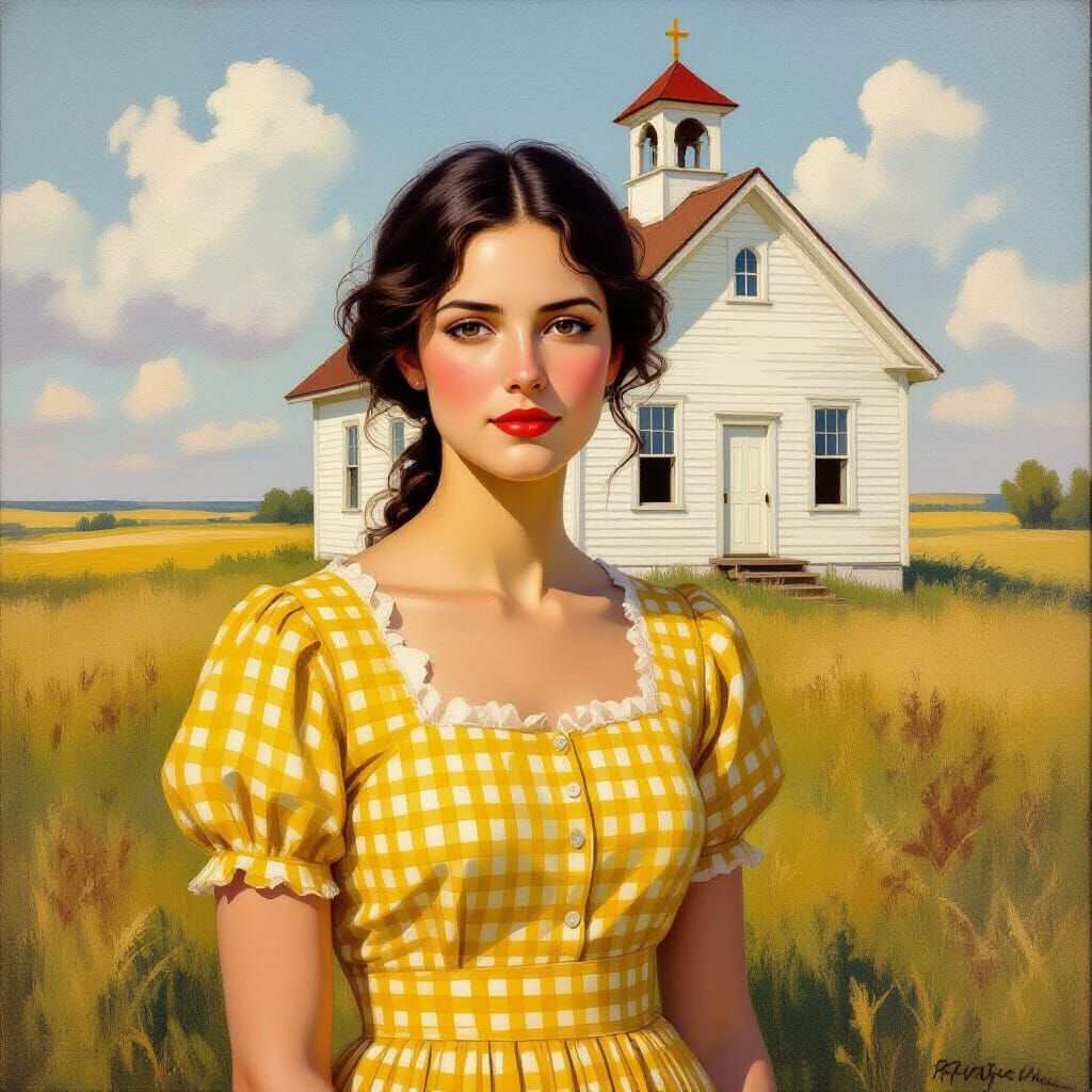 Impressionist Oil Painting of Woman at Kansas Schoolhouse