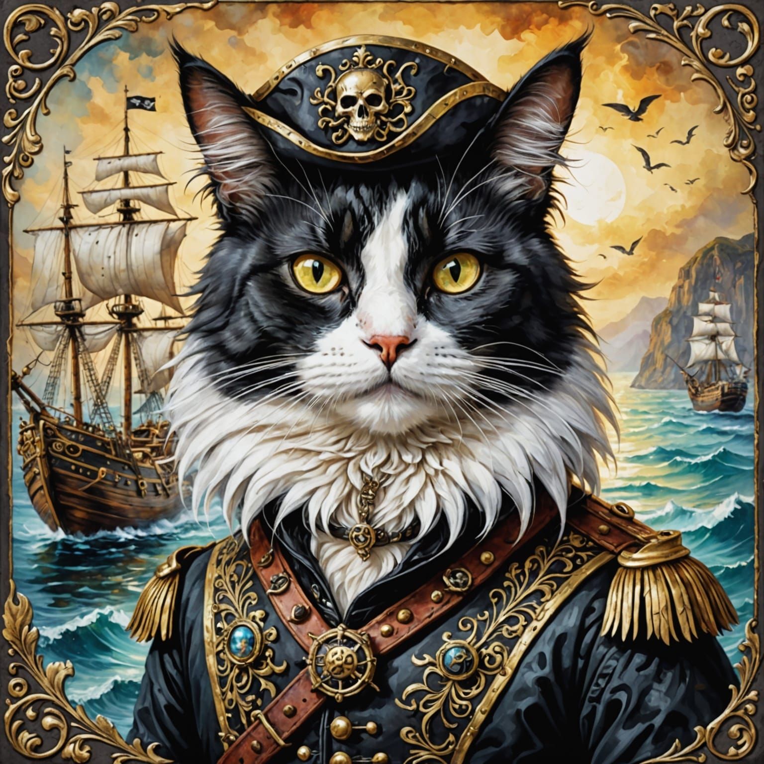 Pirate Cat in Surreal Alcohol Ink Painting