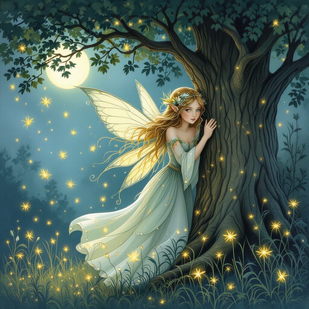 Whimsical Fairy with Fireflies in the Night