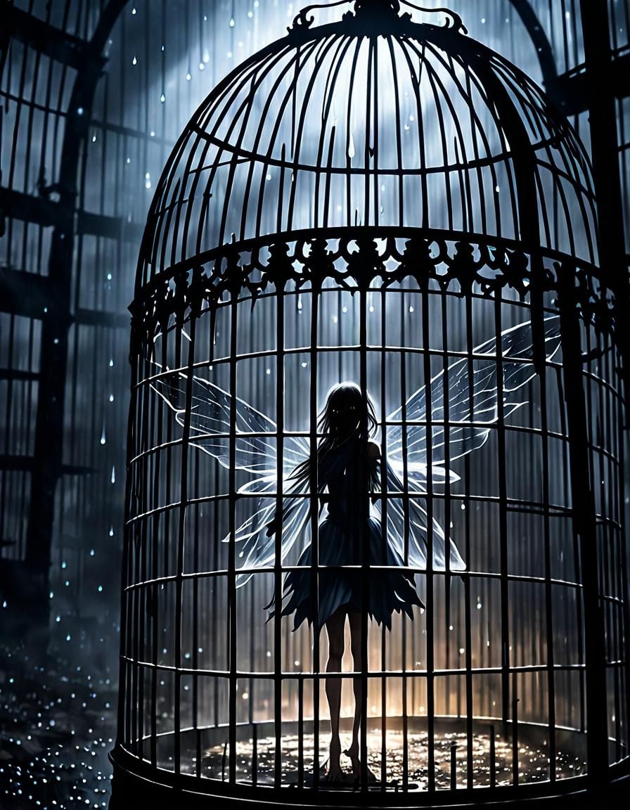 Anguished Fairy Trapped in Birdcage: Anime Concept Art