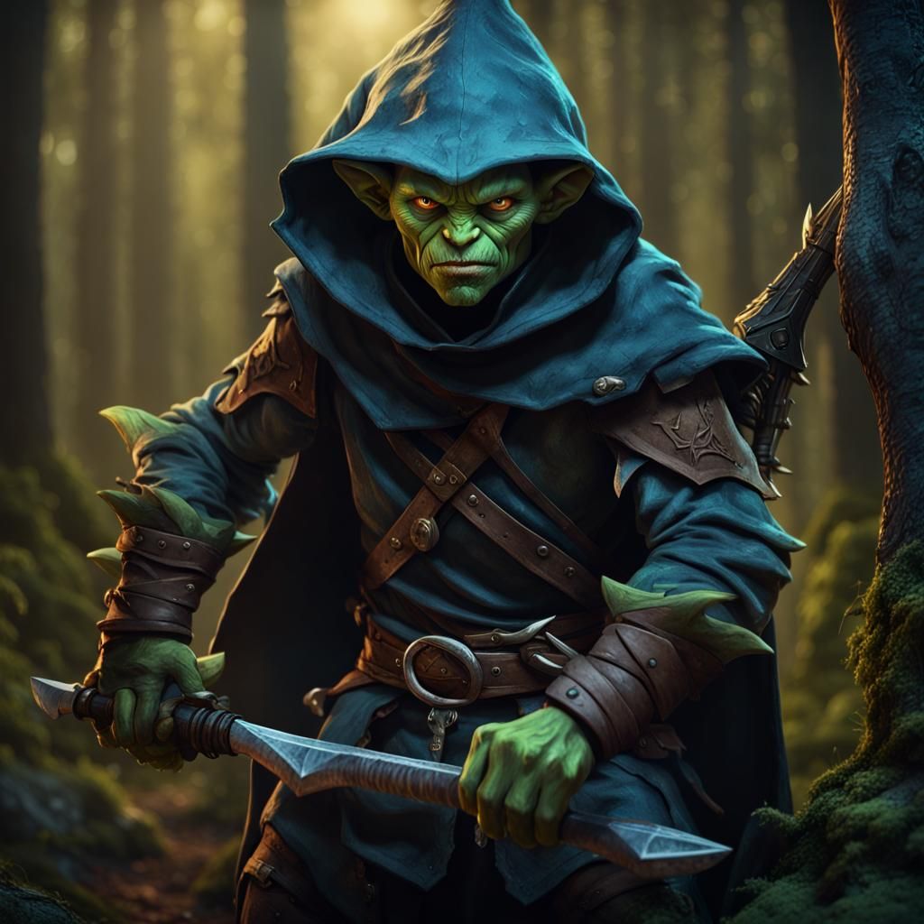 Hooded Goblin Ranger Prepares for Forest Battle