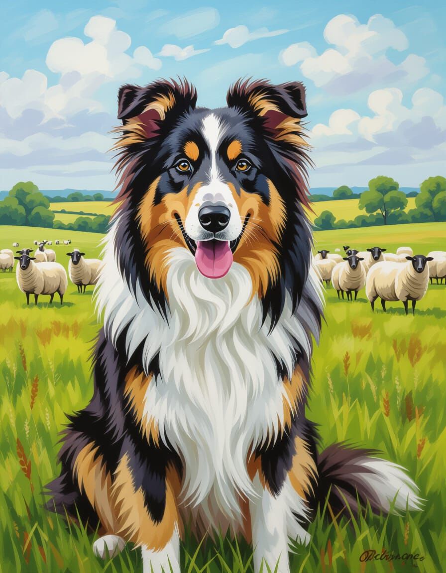 Collie Dog Portrait with Sheep in English Landscape