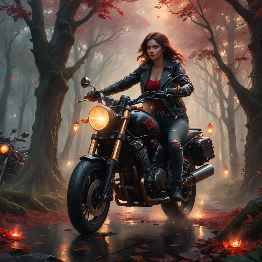 Motorcycle Ride Through Mystical Forest in Fantasy Realism