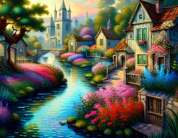 Iridescent Flower Garden with Birds: Hyperdetailed Fantasy A...