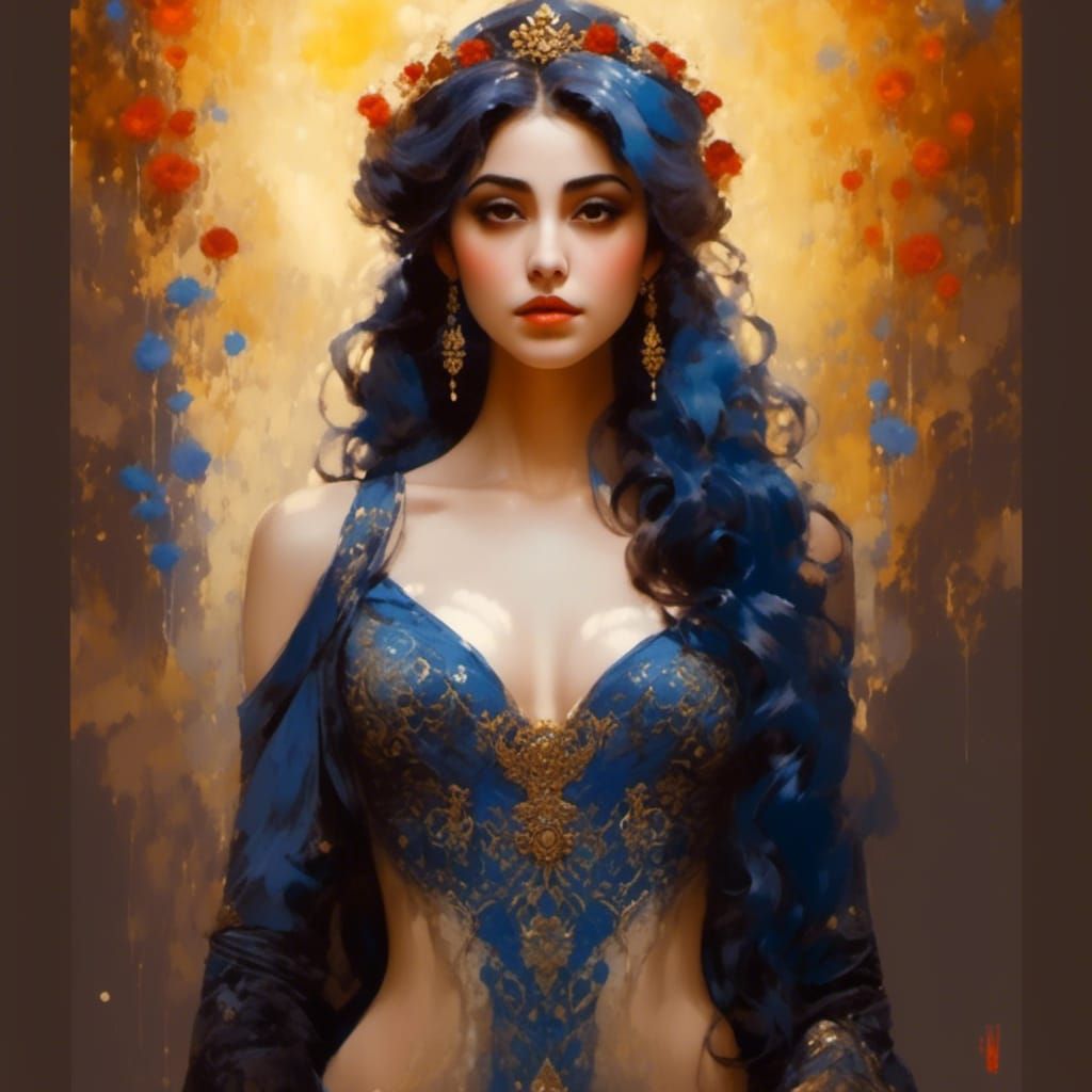 Beautiful Kurdish Girl with Blue Hair, Watercolor Art