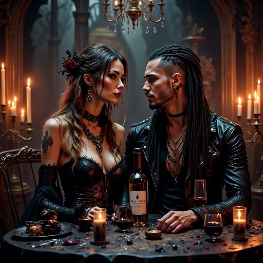Gothic Couple in Castle, Neon Grunge Style