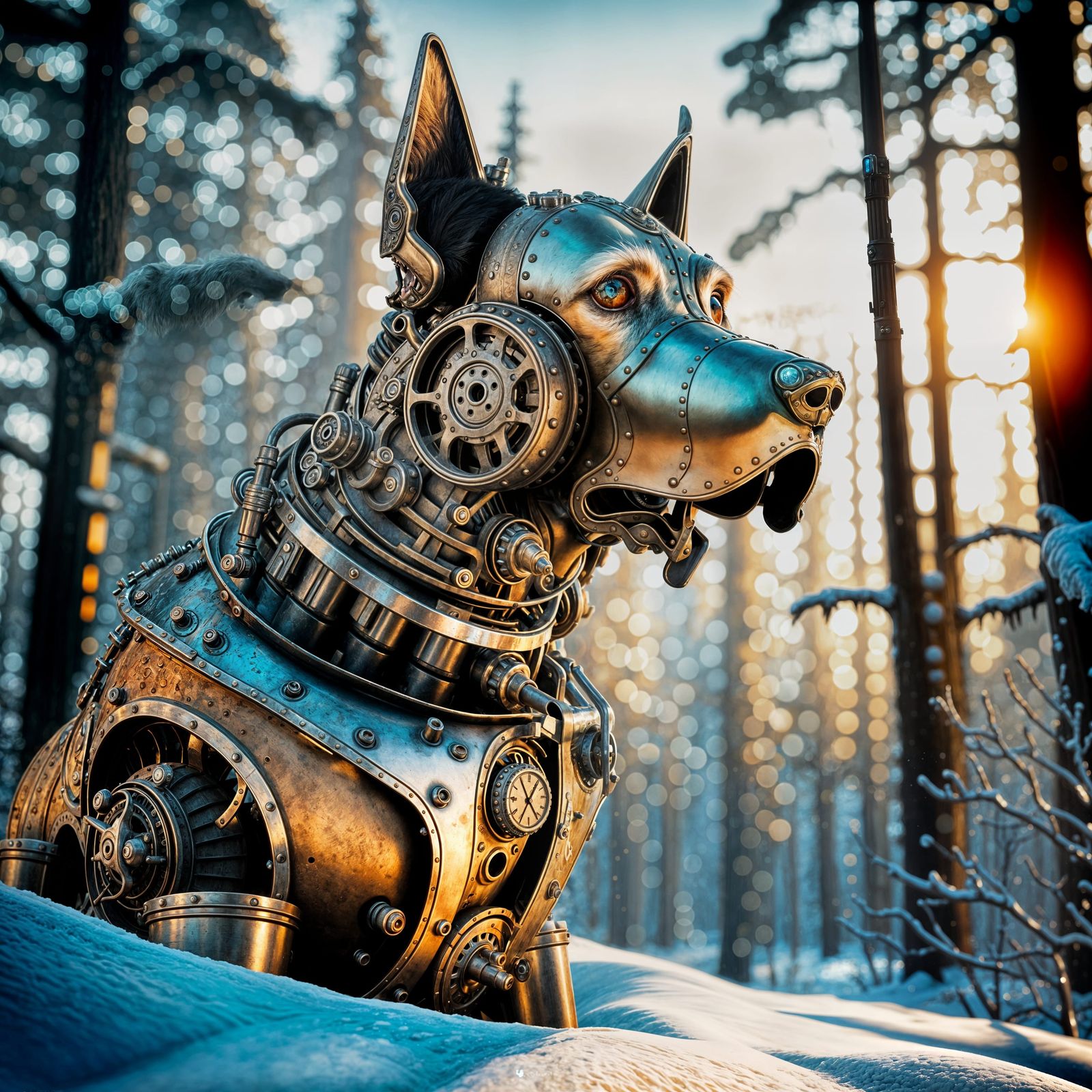 Steampunk Dog in Winter Wonderland