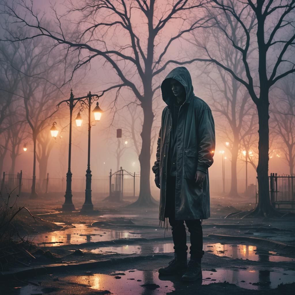 Dreamcore: Figure in Abandoned Playground at Sunset