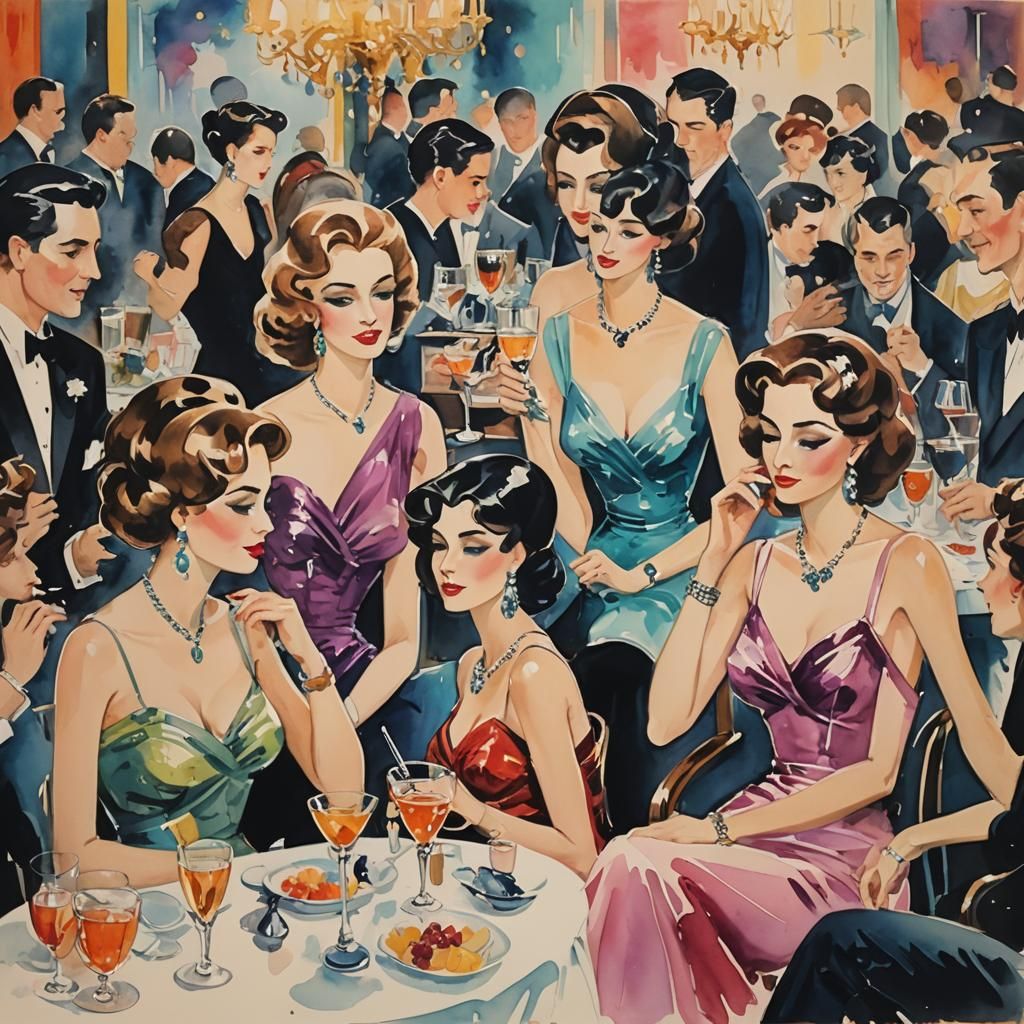 Women at Cocktail Party in Watercolor Painting