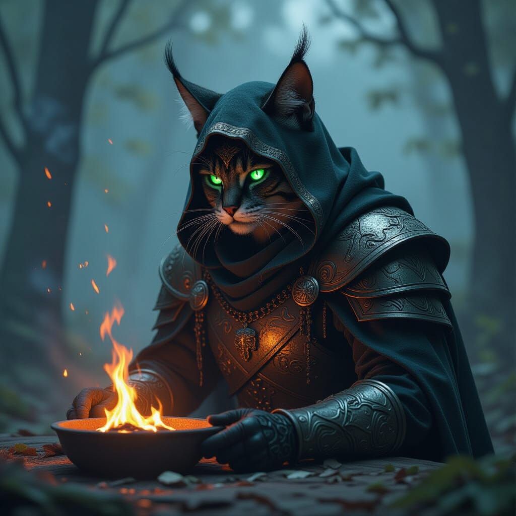 Black Cat Guards Witch's Brew in Dark Fantasy Art