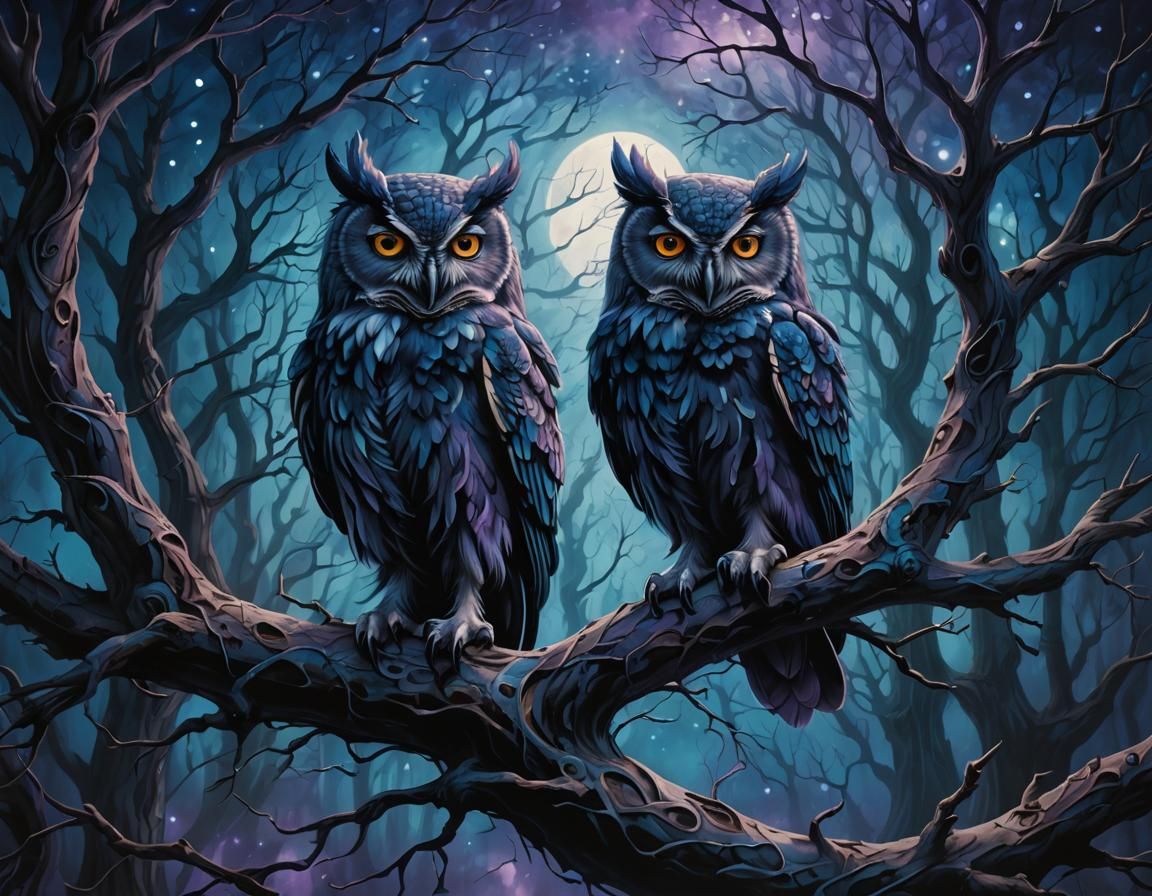 Mystical Owl in Dreamlike Forest, Surreal Oil Painting