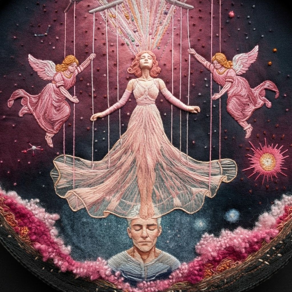 Embroidery Art: Angels Suspend Woman in Cosmic Tear
