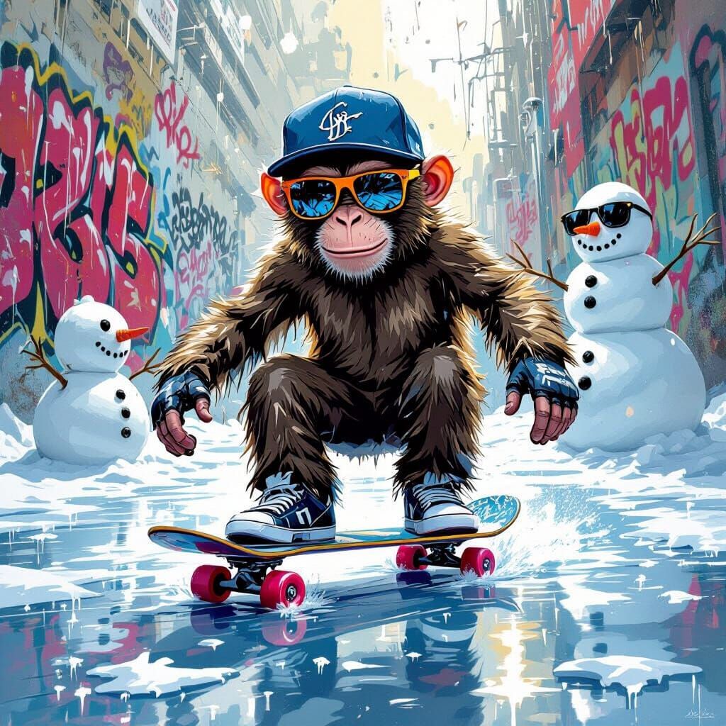 Monkey Skates on Ice: Graffiti-Style Digital Art