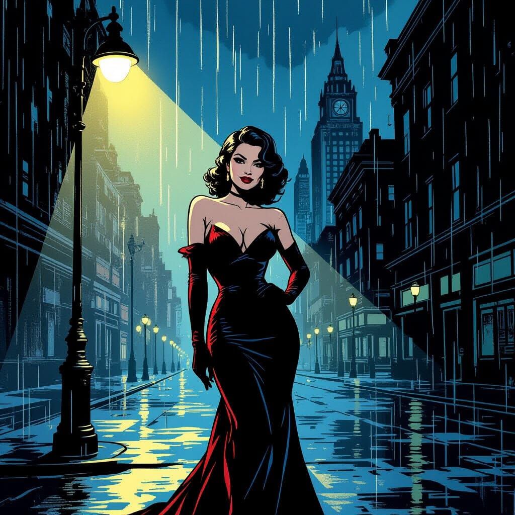 Glamorous Showgirl in Art Deco Cityscape Comic Style