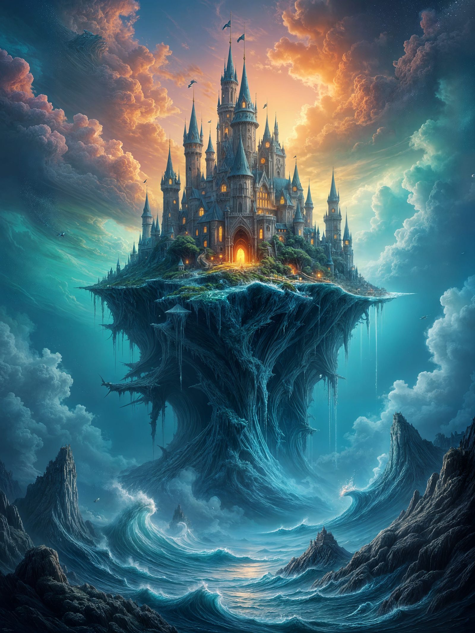 Magical Castle Rises from the Ocean in Digital Art