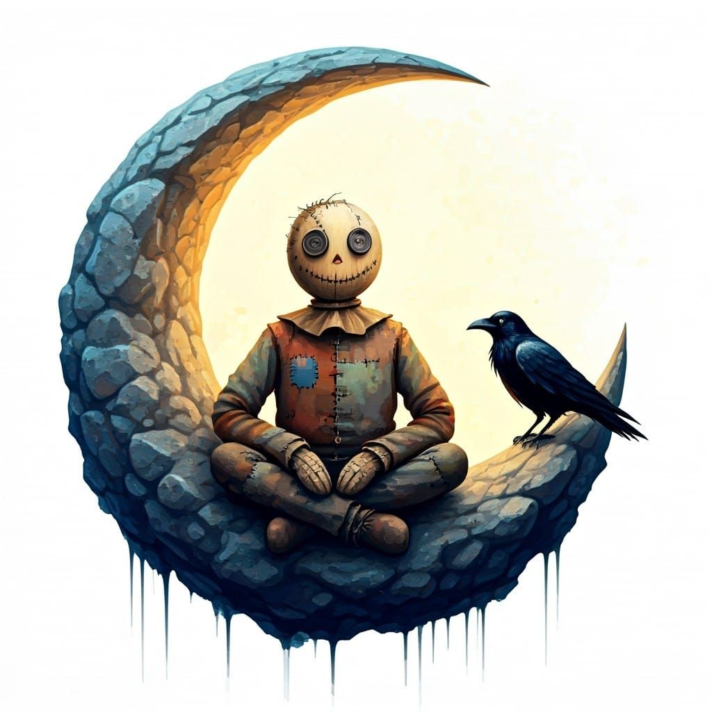 Scarecrow on Crescent Moon in Watercolor Style