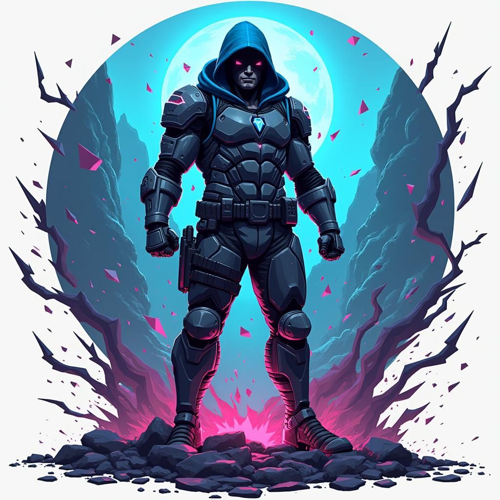 Futuristic 8-Bit Warrior Emblem Shattering Pixels