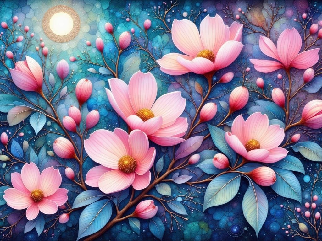 Ethereal Pink Dogwood Blossoms in Baroque-Inspired Gouache S...