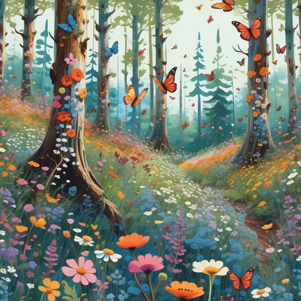 Idyllic Forest Meadow with Faces, in Beatrix Potter Style