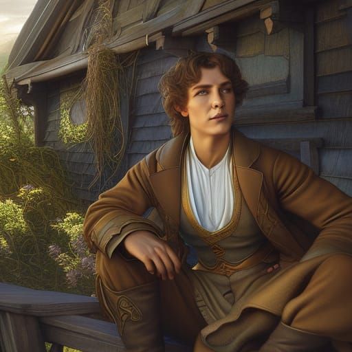 A hobbit sitting on the porch of his house