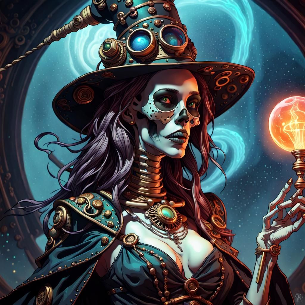 Steampunk Skeletal Witch Astronomy in Hyperrealism
