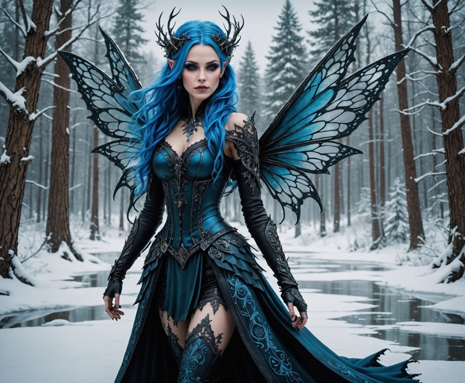 Gothic Fairy Ice Skating in a Winter Forest