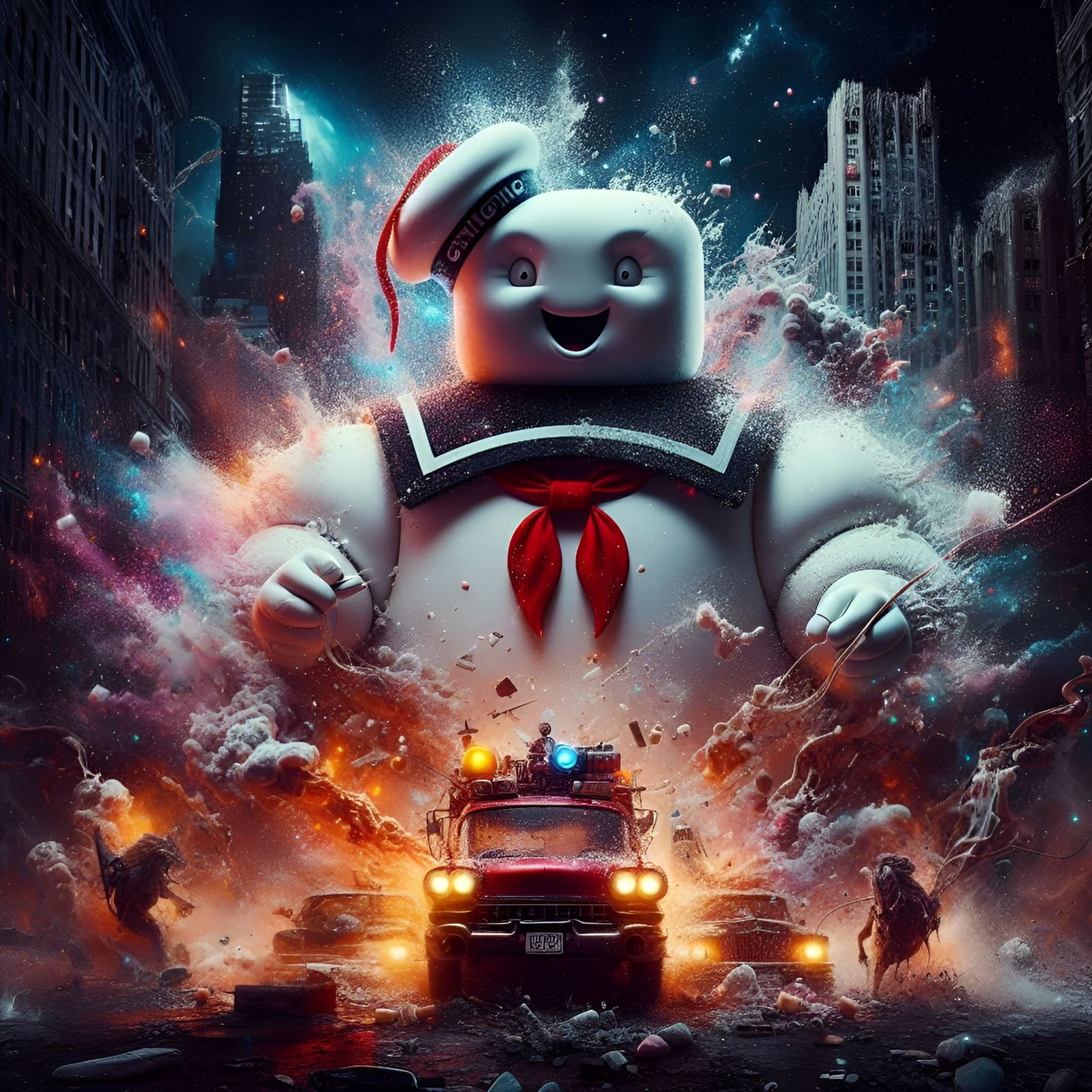 Ghostbusters Vilain Stay Puft marshmallow man attacking New ...