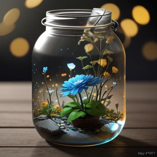Jar of Miniature Flowers and Lights