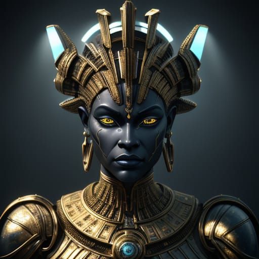 Biomechanical Nubian Queen Figurine in Metallic Art