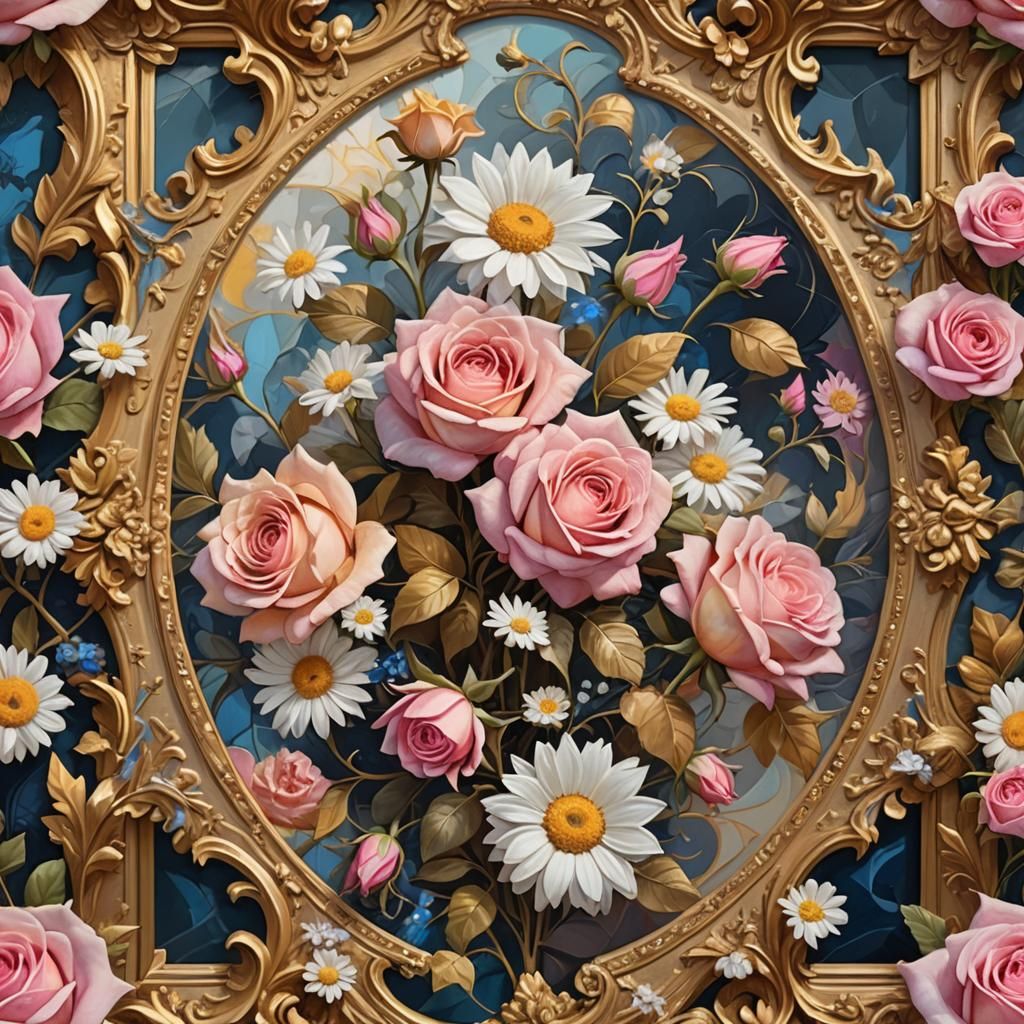 Floral Arrangement in Golden Frame, Picasso Style