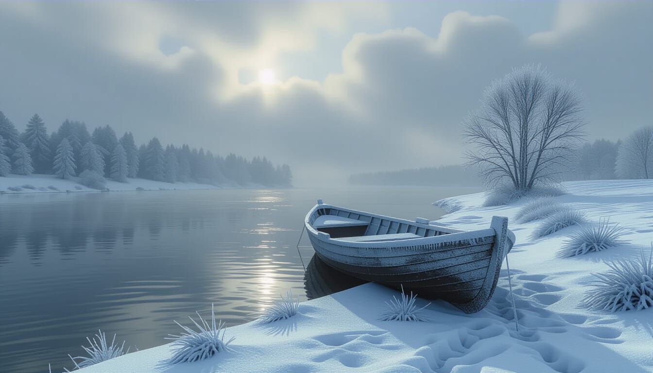 Mystical Snowy Riverbank with Old Boat in Surrealist Style