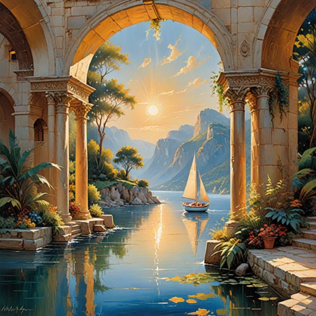 Sailboat and Archways in Vivid Impressionist Painting