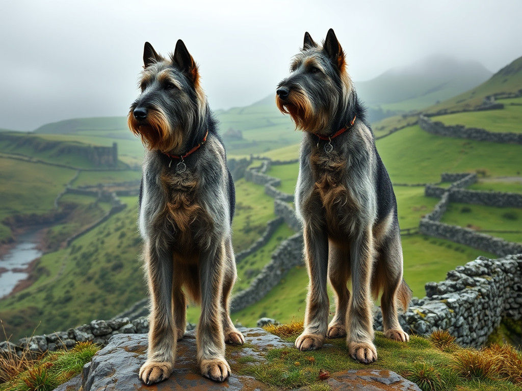 Majestic Irish Wolfhounds Overlooking Emerald Countryside