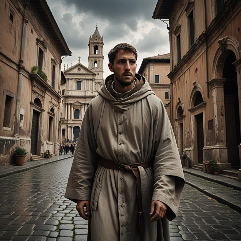 St Francis in Minimalist Rome Scene, Realistic Cinematic Sti...