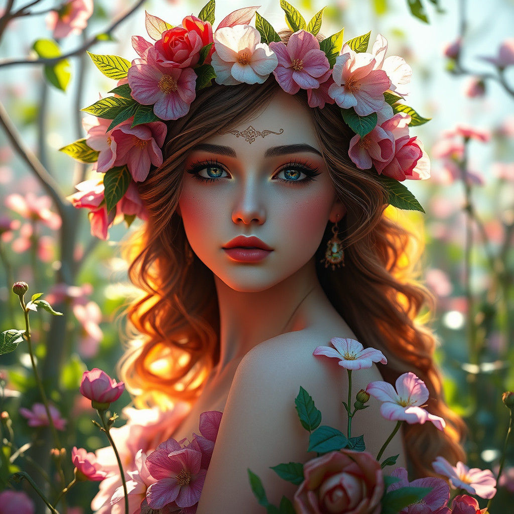 Enchanted Flower Girl in Springtime, Art Nouveau Style